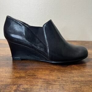 Aerosoles Sundown Wedge Boots 7 Womens Black Leather Ankle Booties Slip On New
